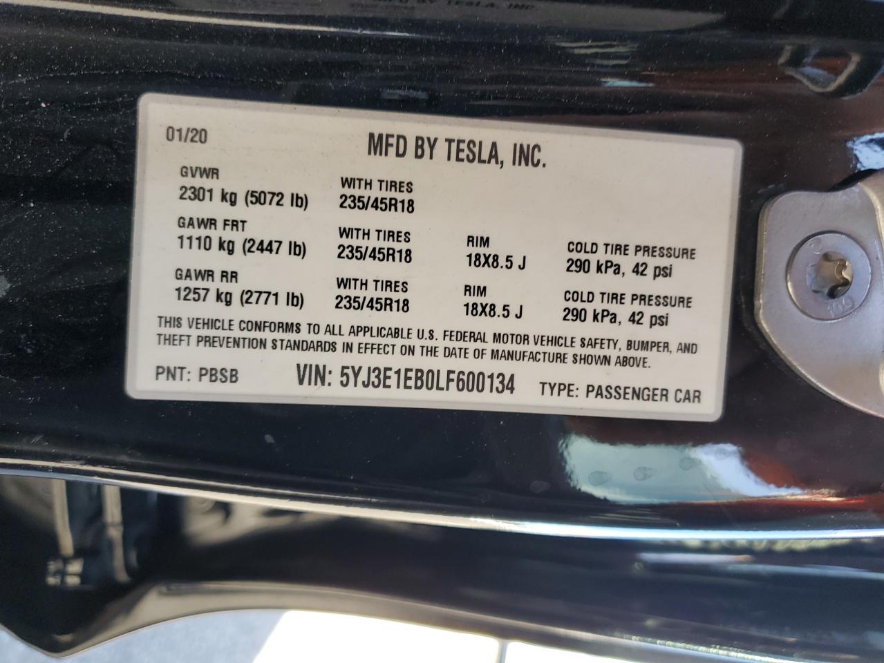 2020 Tesla Model 3 VIN: 5YJ3E1EB0LF600134 Lot: 78179174