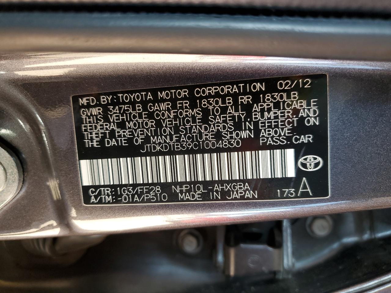 JTDKDTB39C1004830 2012 Toyota Prius C