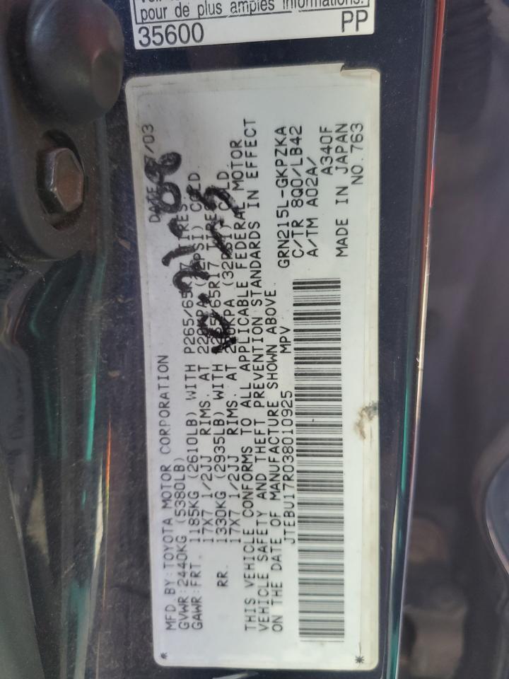 JTEBU17R038010925 2003 Toyota 4Runner Limited