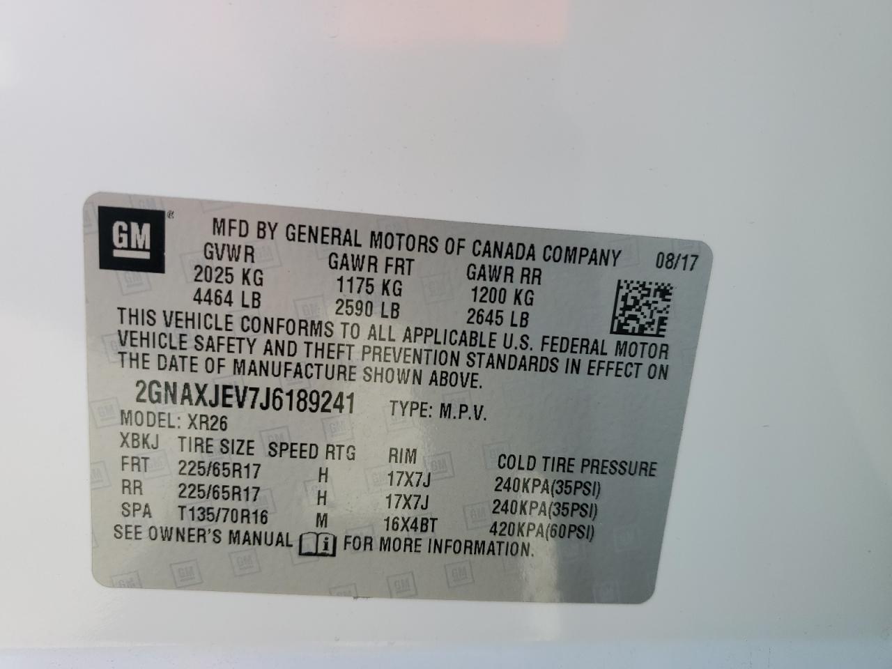 2GNAXJEV7J6189241 2018 Chevrolet Equinox Lt