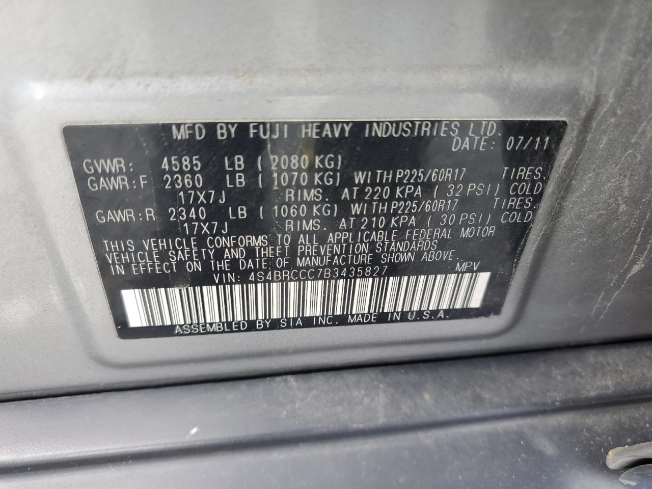 2011 Subaru Outback 2.5I Premium VIN: 4S4BRCCC7B3435827 Lot: 73779174