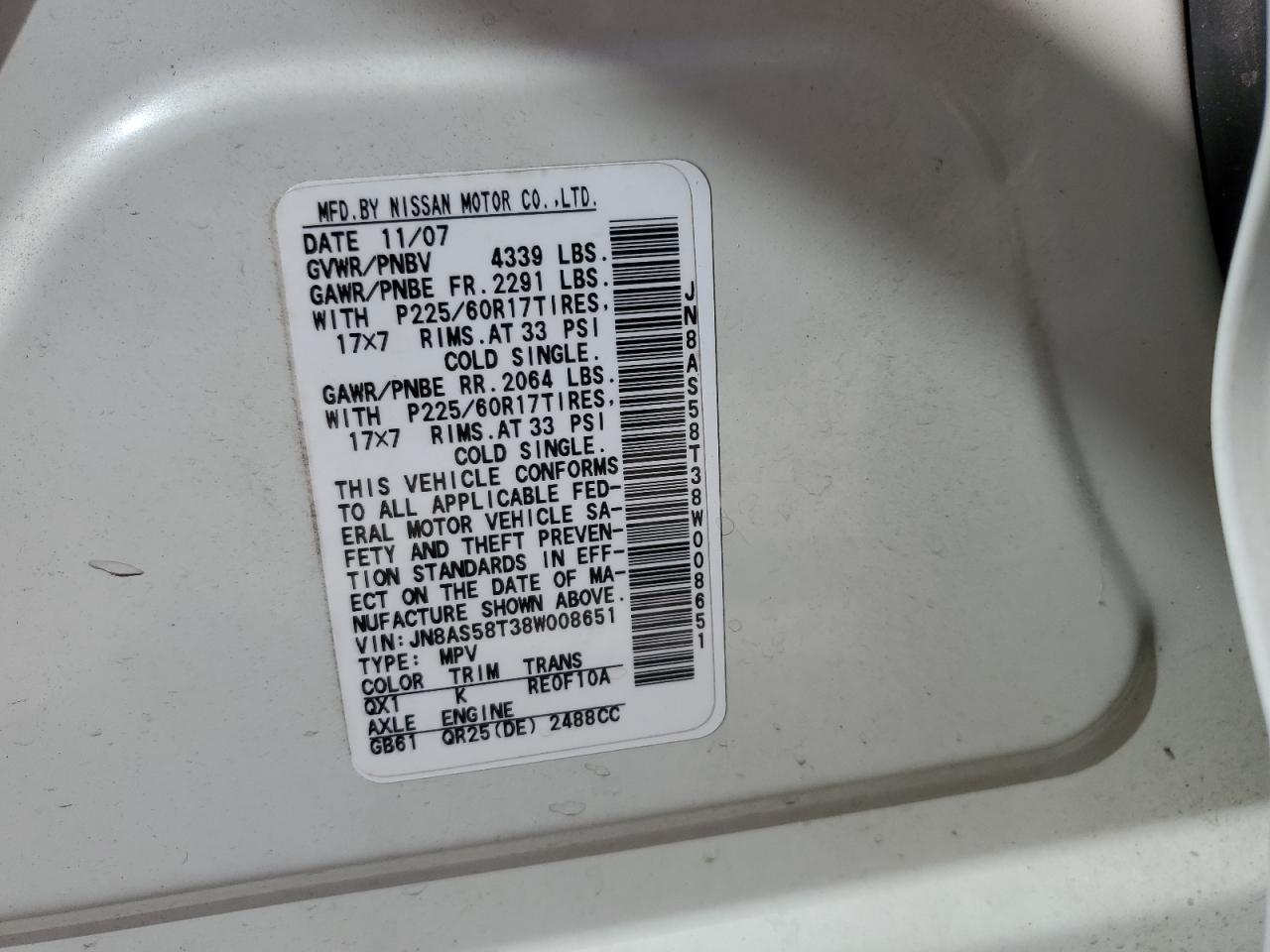 2008 Nissan Rogue S VIN: JN8AS58T38W008651 Lot: 76520724