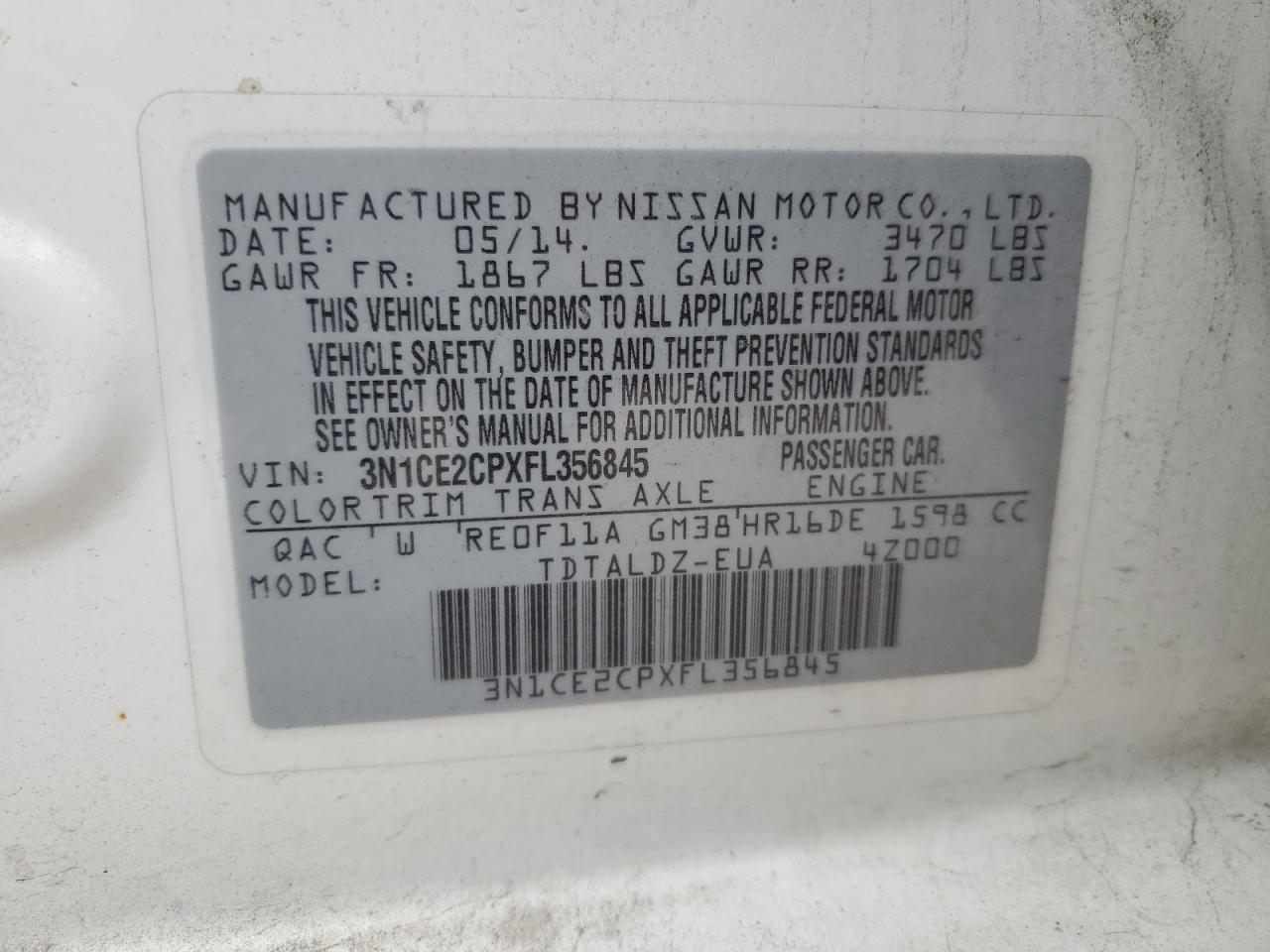 3N1CE2CPXFL356845 2015 Nissan Versa Note S