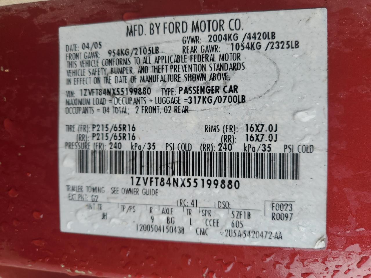 1ZVFT84NX55199880 2005 Ford Mustang