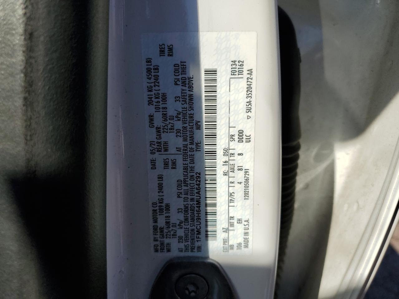 1FMCU9H64MUA64292 2021 Ford Escape Sel