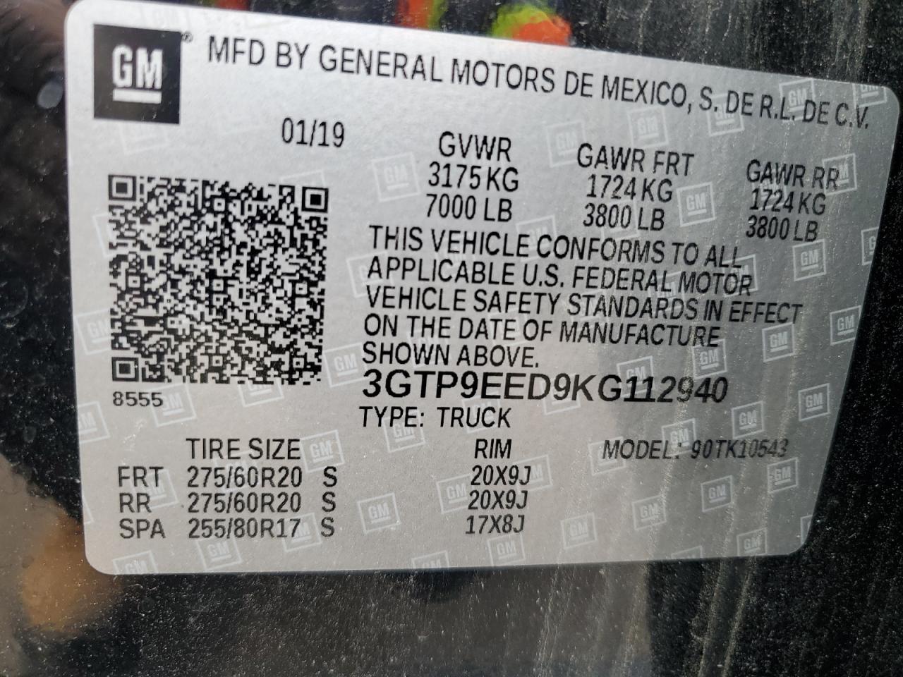 2019 GMC Sierra K1500 At4 VIN: 3GTP9EED9KG112940 Lot: 77693134