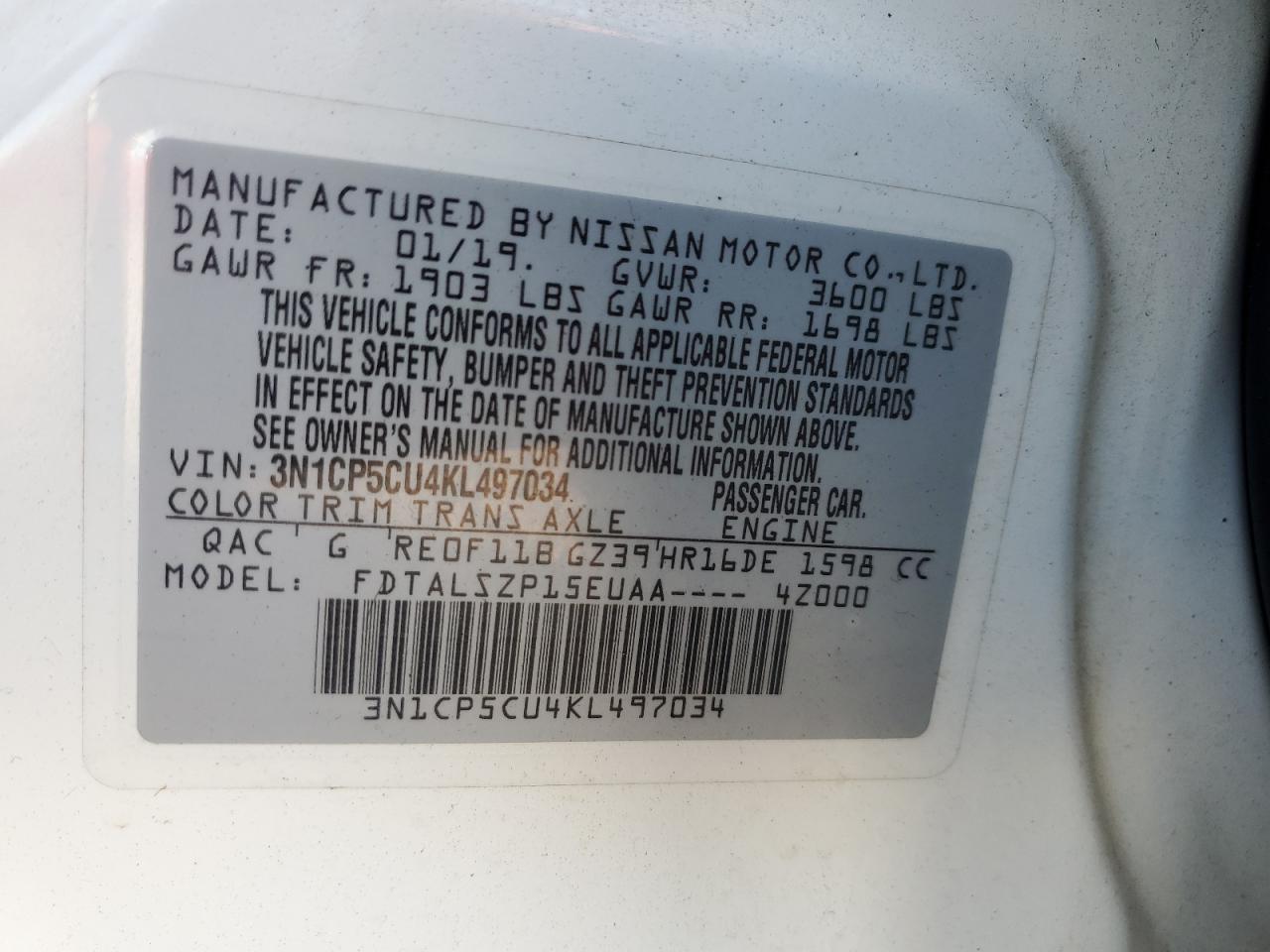 3N1CP5CU4KL497034 2019 Nissan Kicks S