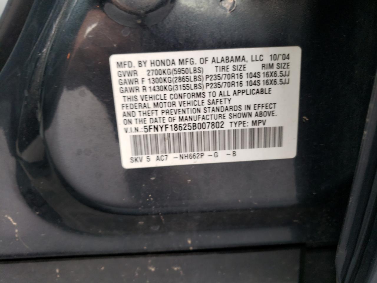 2005 Honda Pilot Exl VIN: 5FNYF18625B007802 Lot: 77281824