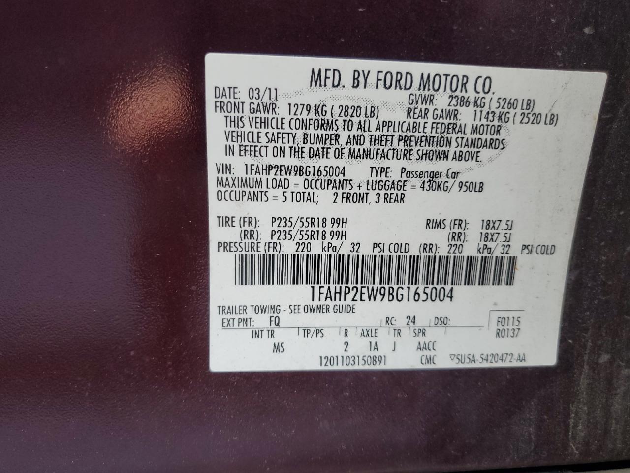 2011 Ford Taurus Sel VIN: 1FAHP2EW9BG165004 Lot: 74701814