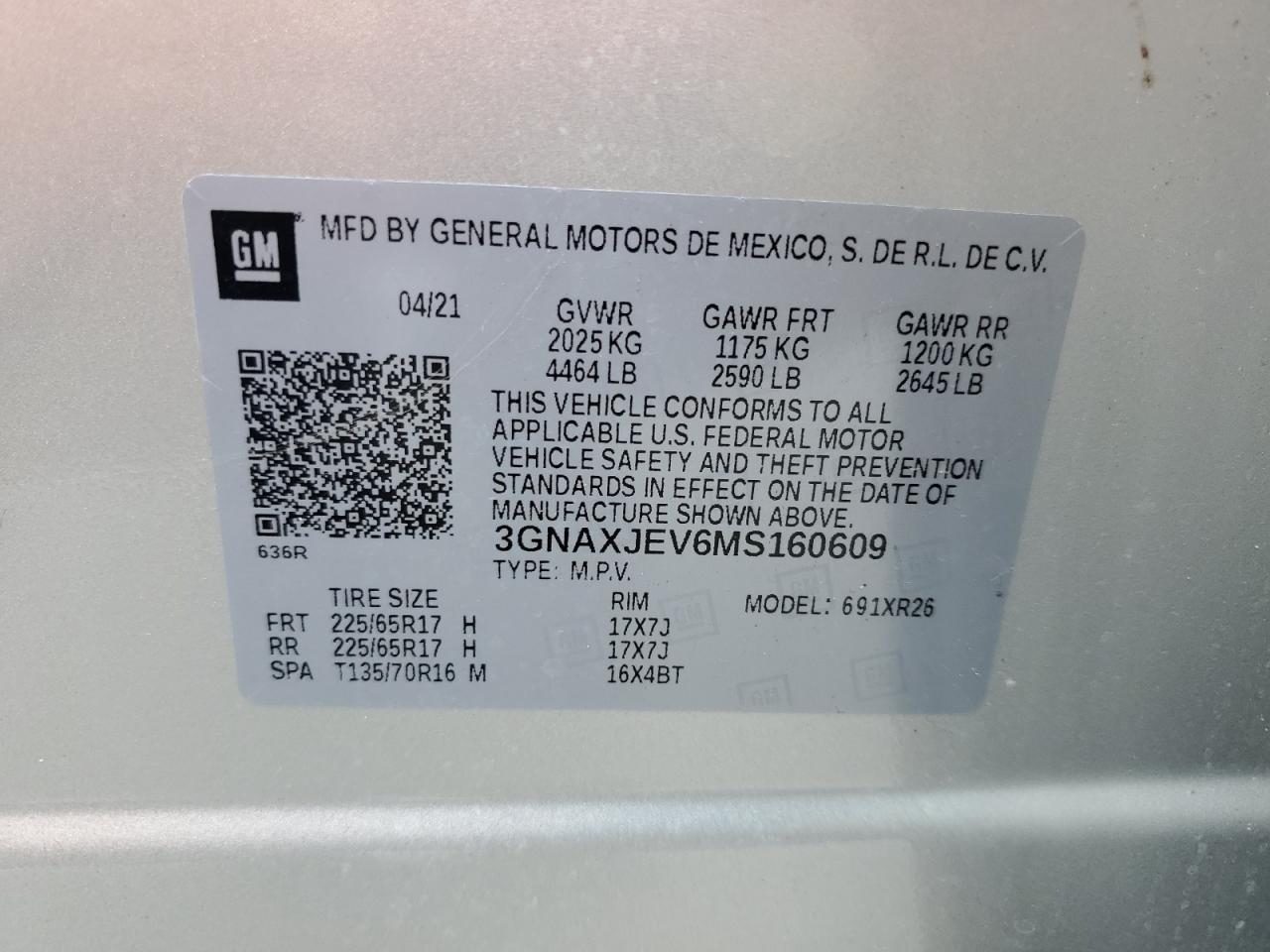 3GNAXJEV6MS160609 2021 Chevrolet Equinox Fwd 2Fl