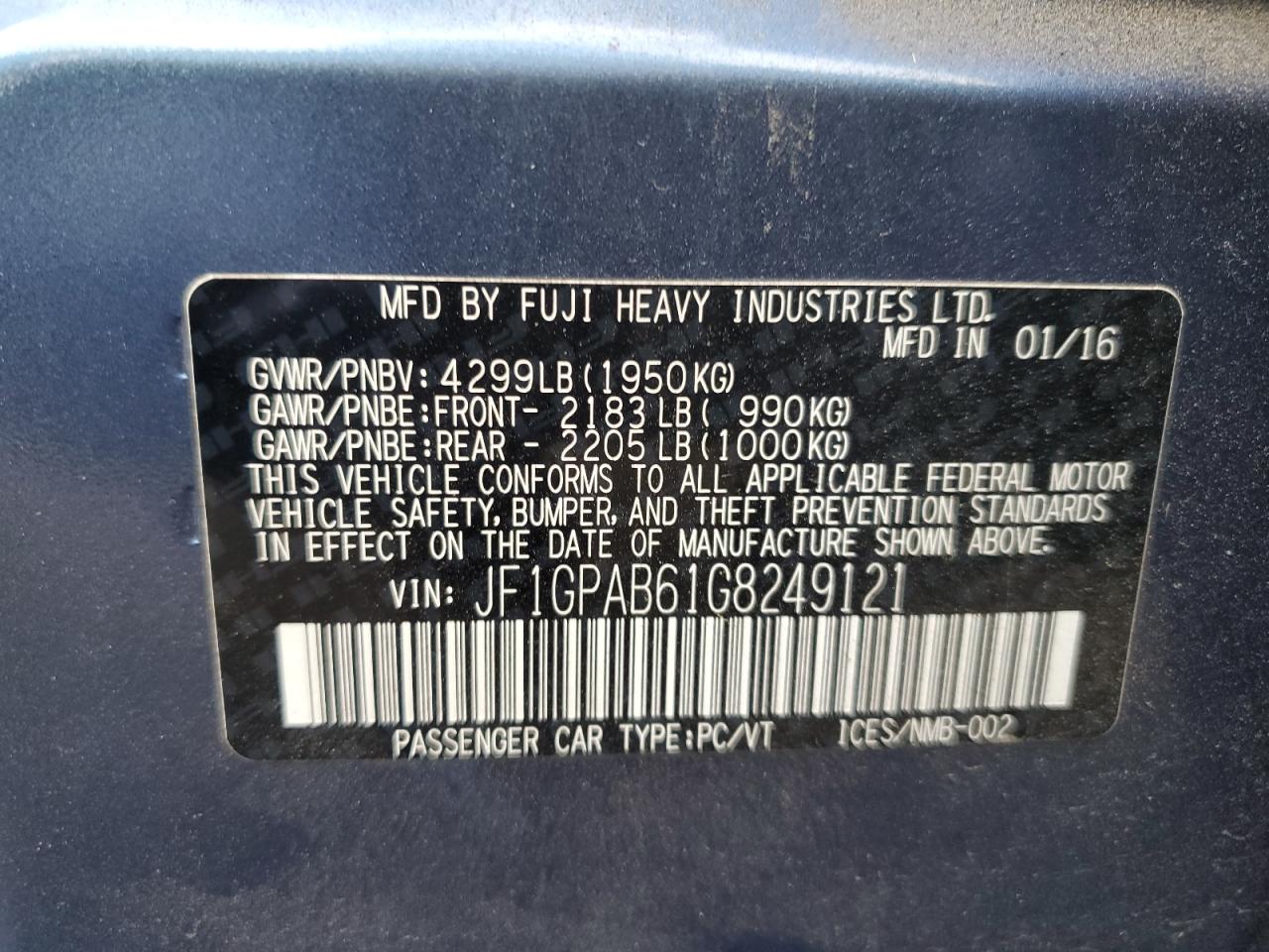 2016 Subaru Impreza Premium VIN: JF1GPAB61G8249121 Lot: 74795914