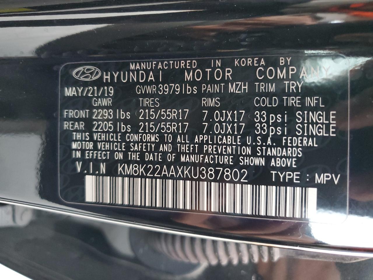 KM8K22AAXKU387802 2019 Hyundai Kona Sel