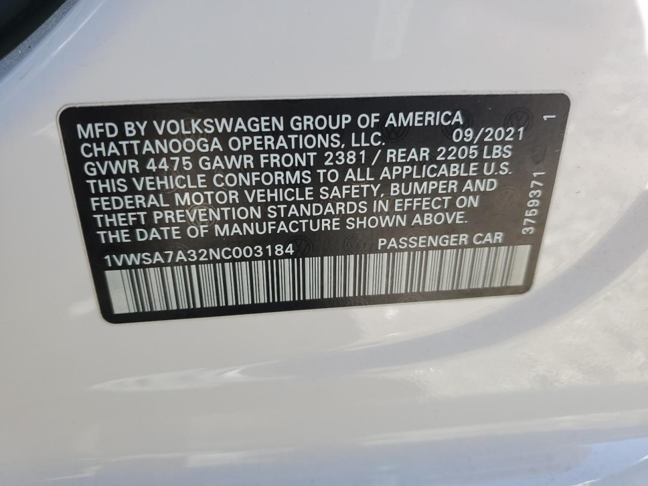 1VWSA7A32NC003184 2022 Volkswagen Passat Se