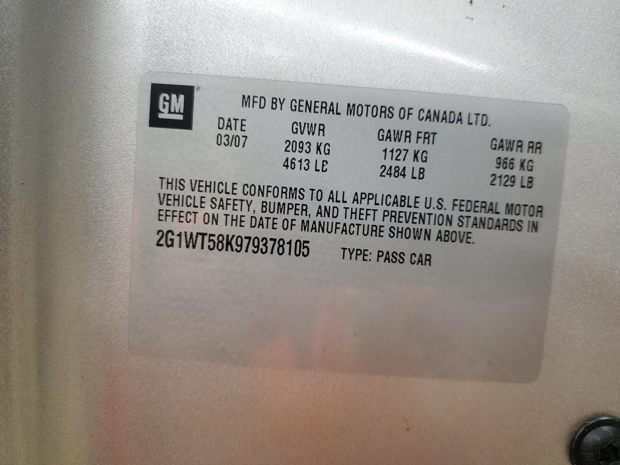 2007 Chevrolet Impala Lt VIN: 2G1WT58K979378105 Lot: 74144324