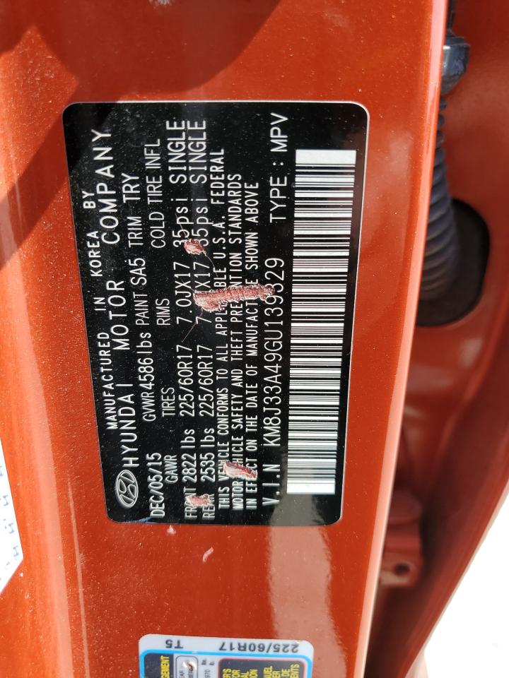 2016 Hyundai Tucson Limited VIN: KM8J33A49GU139329 Lot: 76347614