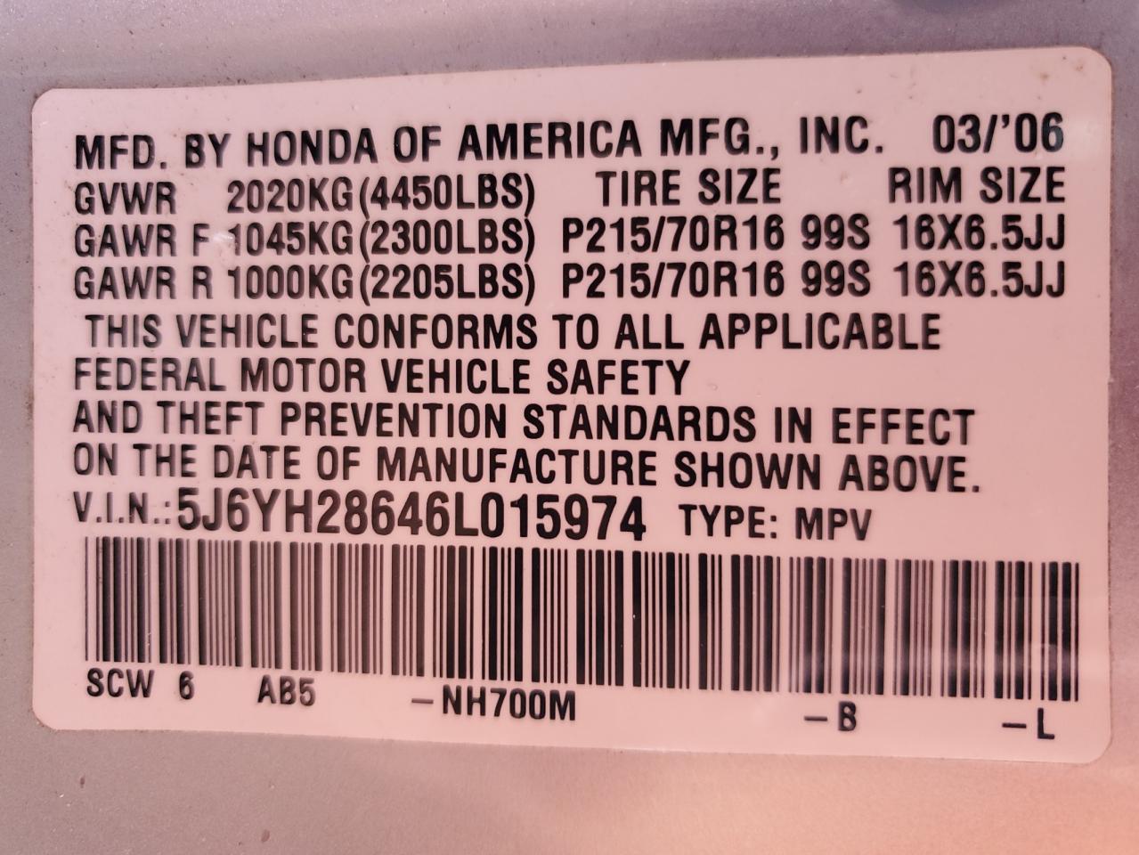 2006 Honda Element Ex VIN: 5J6YH28646L015974 Lot: 76569384