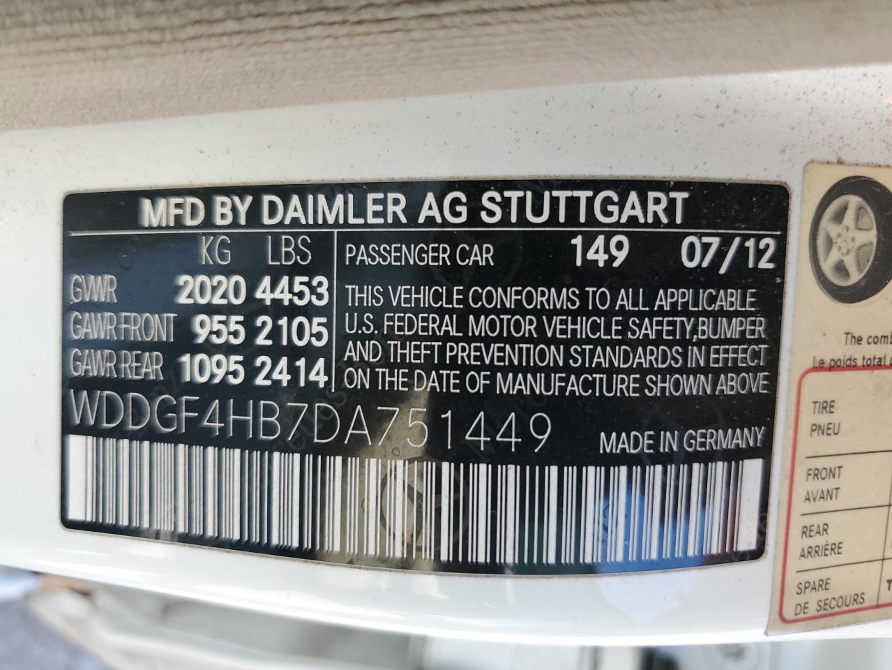 2013 Mercedes-Benz C 250 VIN: WDDGF4HB7DA751449 Lot: 74394364