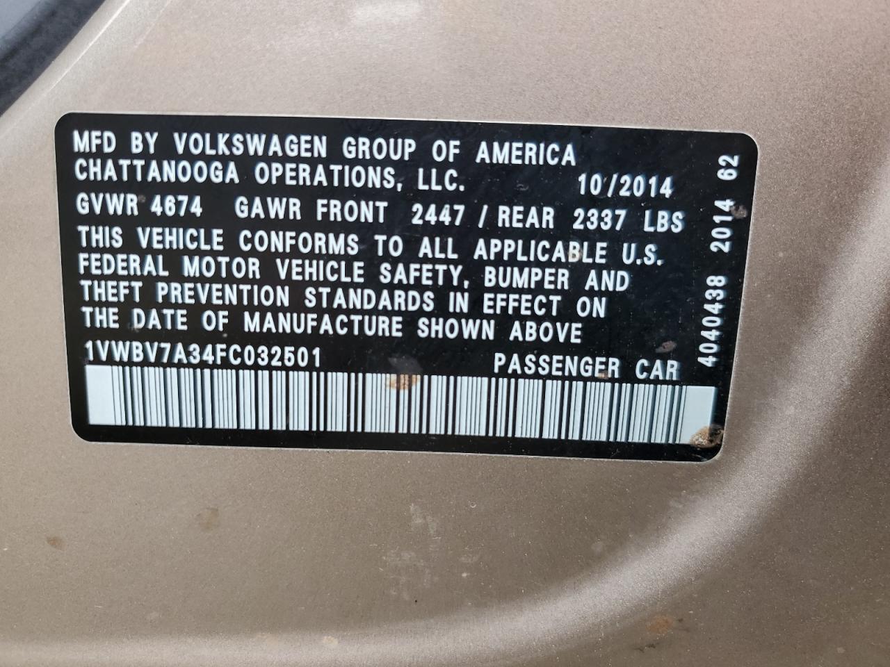 2015 Volkswagen Passat Se VIN: 1VWBV7A34FC032501 Lot: 76593324