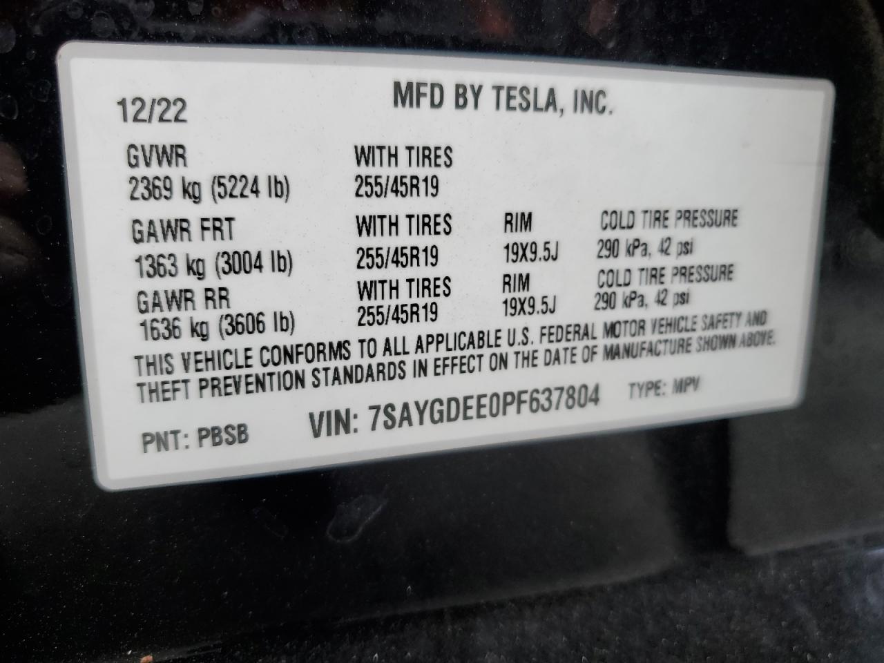 2023 Tesla Model Y VIN: 7SAYGDEE0PF637804 Lot: 73804994