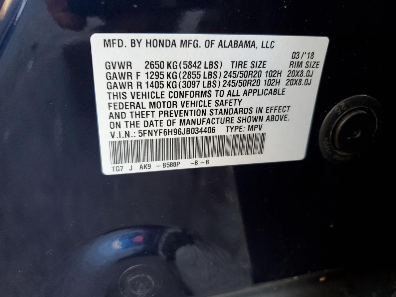 5FNYF6H96JB034406 2018 Honda Pilot Touring