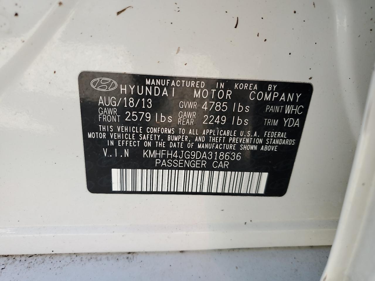 KMHFH4JG9DA318636 2013 Hyundai Azera Gls