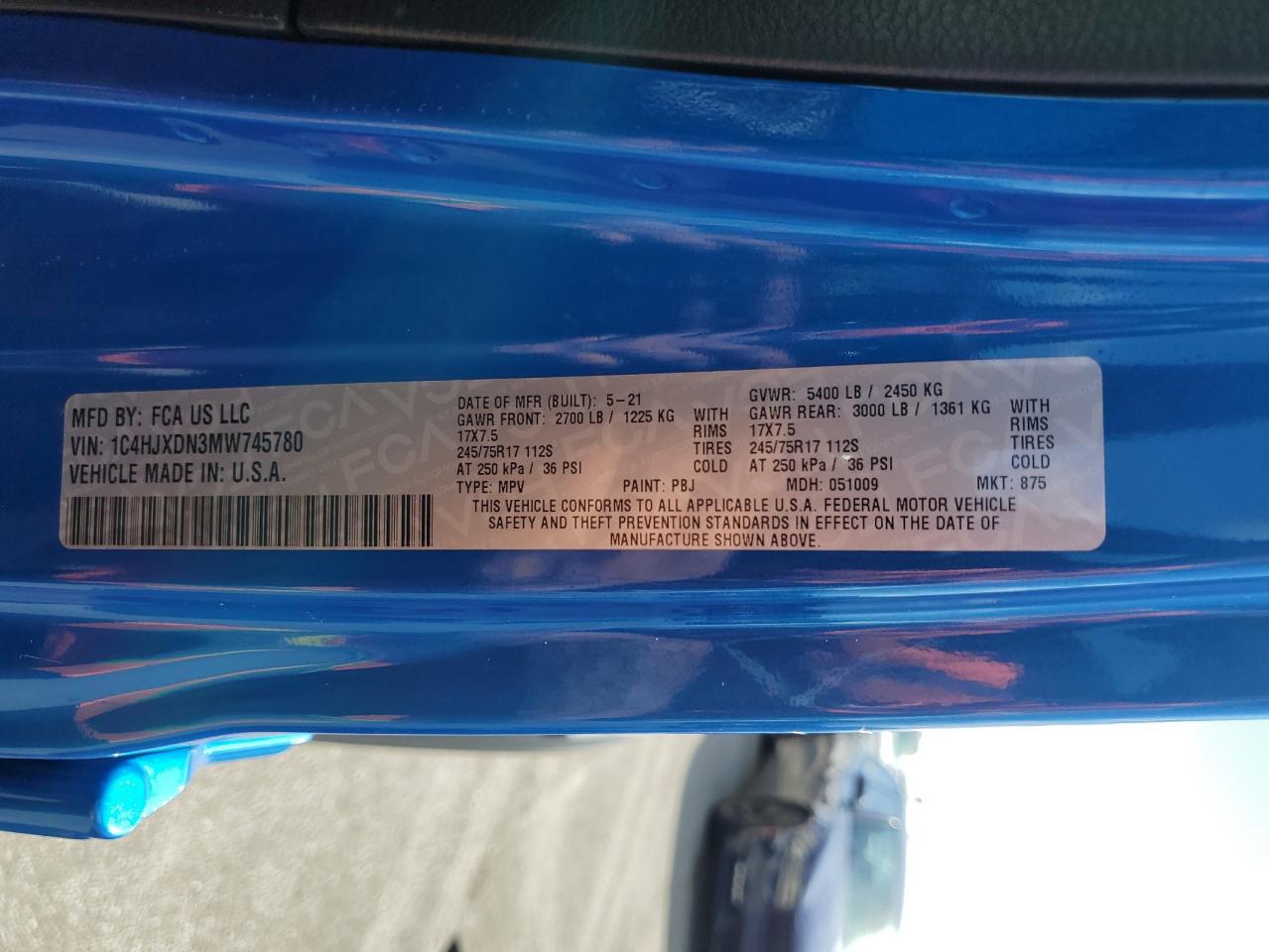 2021 Jeep Wrangler Unlimited Sport VIN: 1C4HJXDN3MW745780 Lot: 74469214