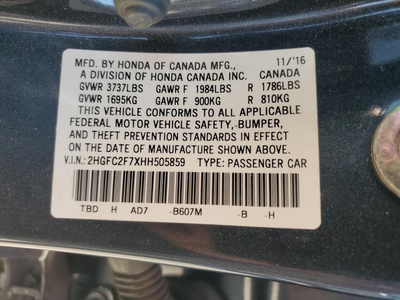 2HGFC2F7XHH505859 2017 Honda Civic Ex