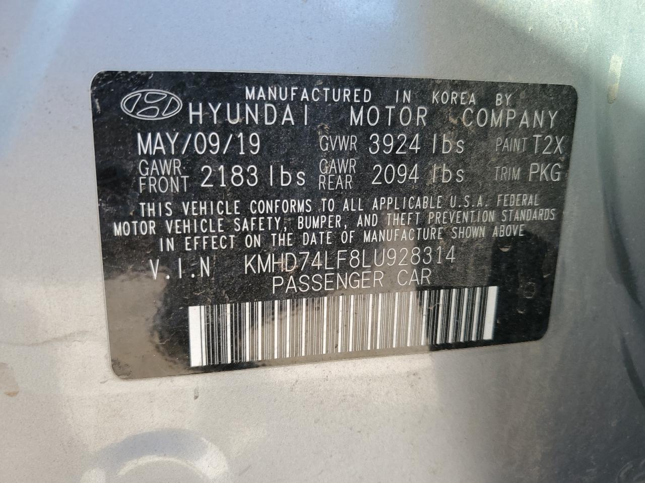 VIN KMHD74LF8LU928314 2020 HYUNDAI ELANTRA no.12