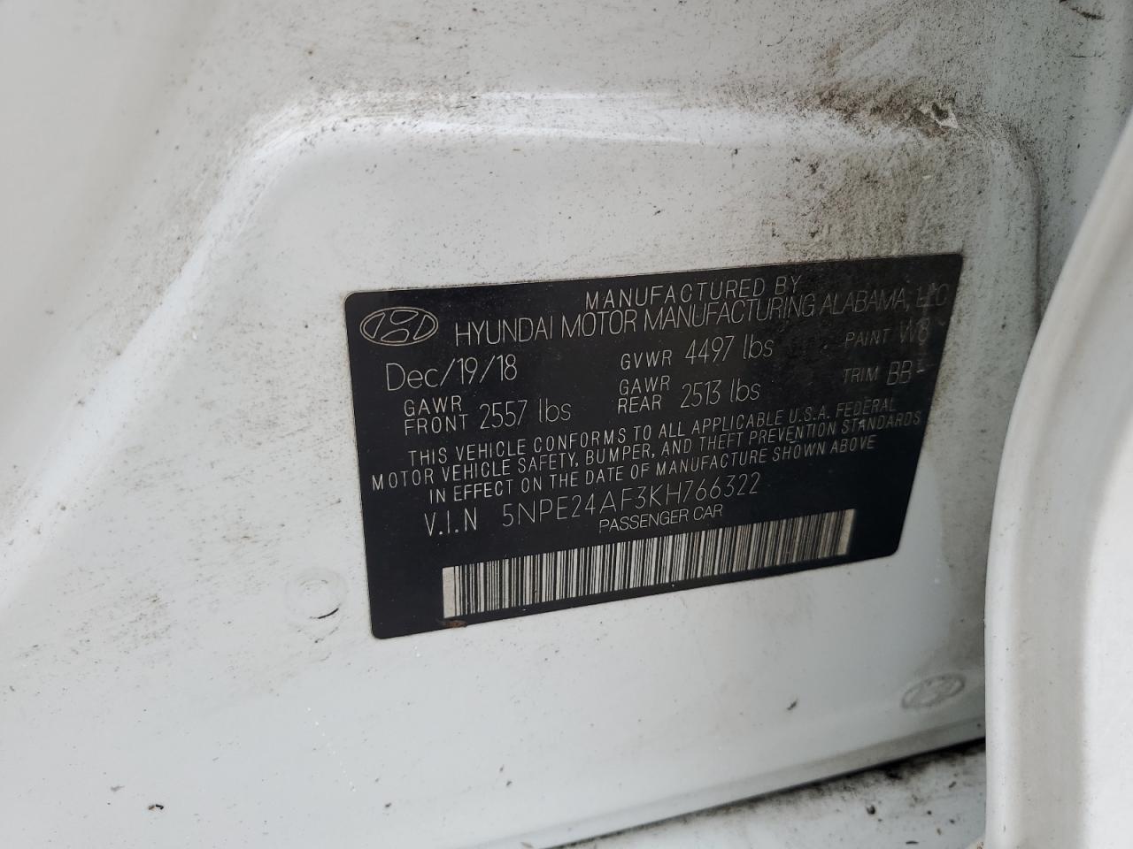 5NPE24AF3KH766322 2019 Hyundai Sonata Se