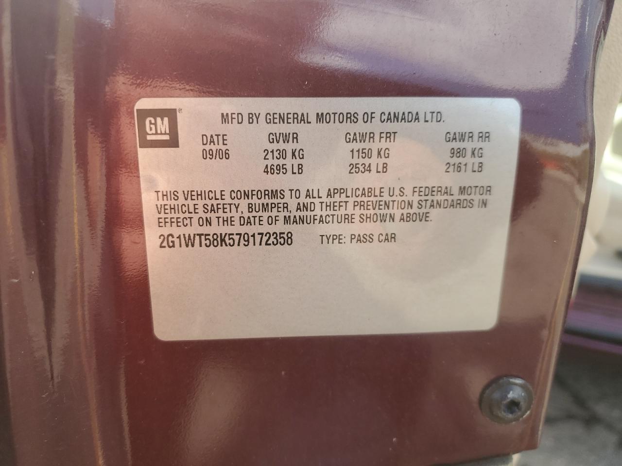 2007 Chevrolet Impala Lt VIN: 2G1WT58K579172358 Lot: 75168294