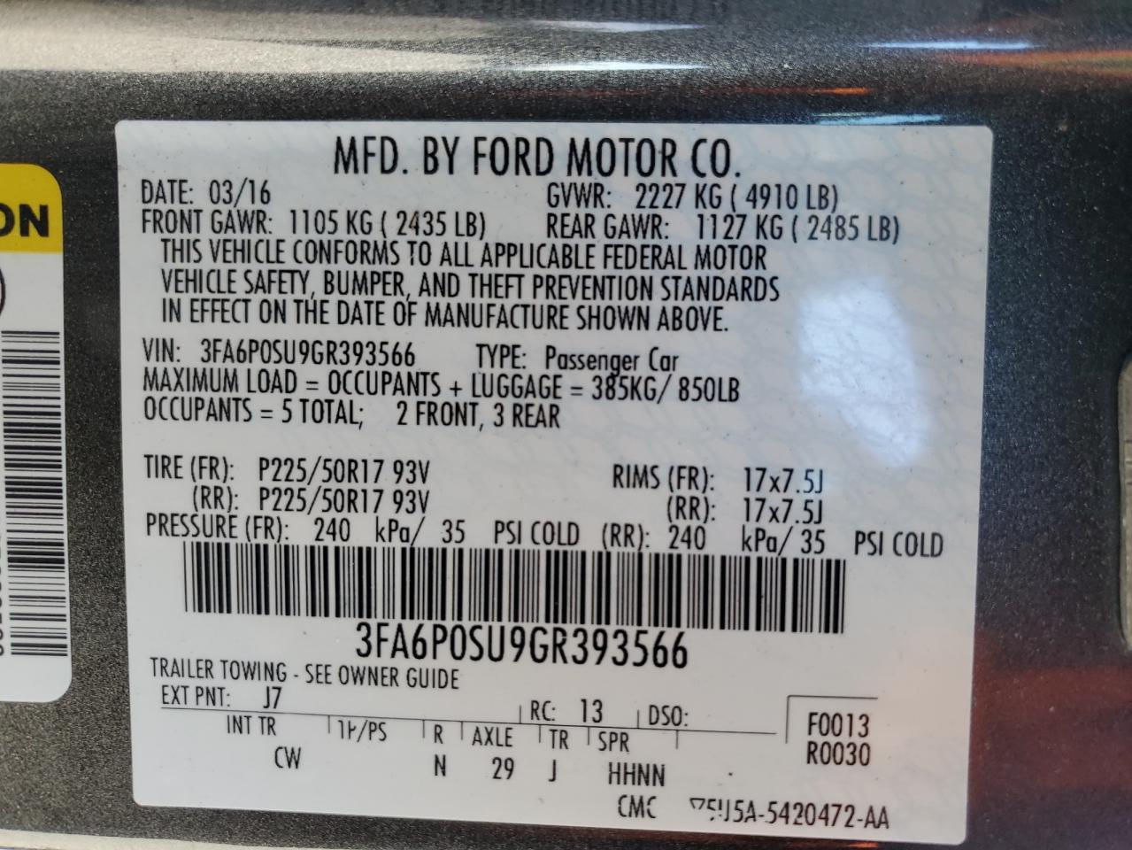 2016 Ford Fusion Titanium Phev VIN: 3FA6P0SU9GR393566 Lot: 75919854