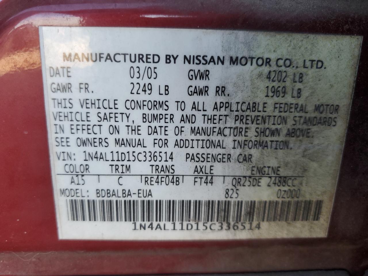 2005 Nissan Altima S VIN: 1N4AL11D15C336514 Lot: 74240224