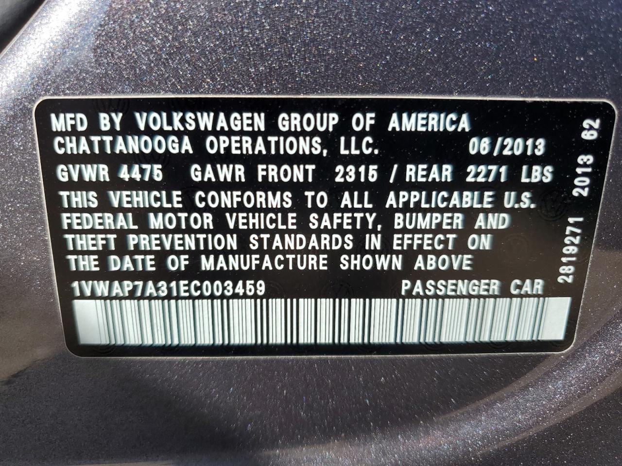 2014 Volkswagen Passat S VIN: 1VWAP7A31EC003459 Lot: 78716264