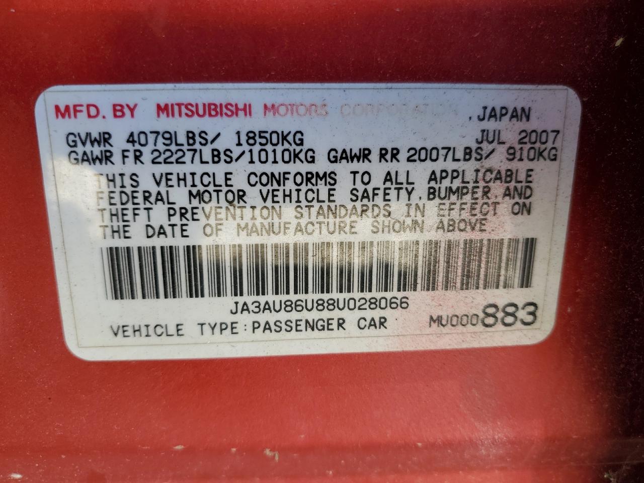 JA3AU86U88U028066 2008 Mitsubishi Lancer Gts