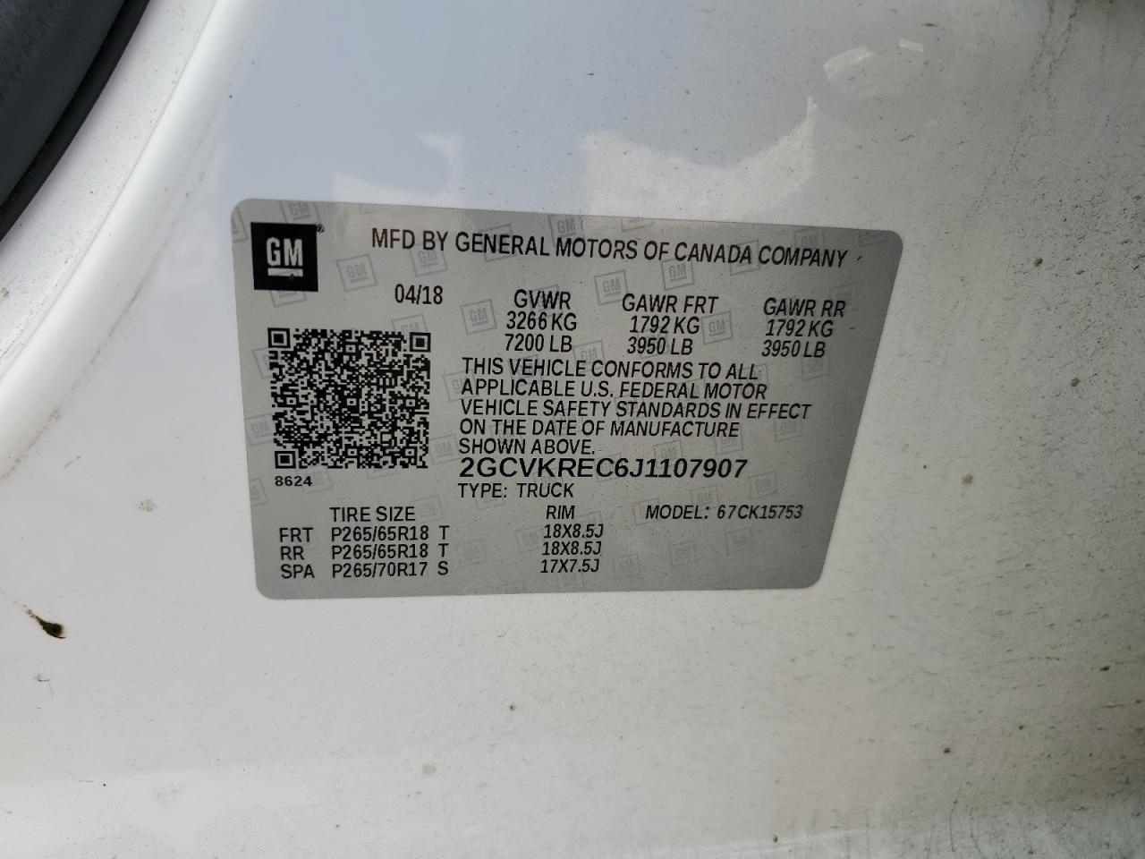 2GCVKREC6J1107907 2018 Chevrolet Silverado K1500 Lt