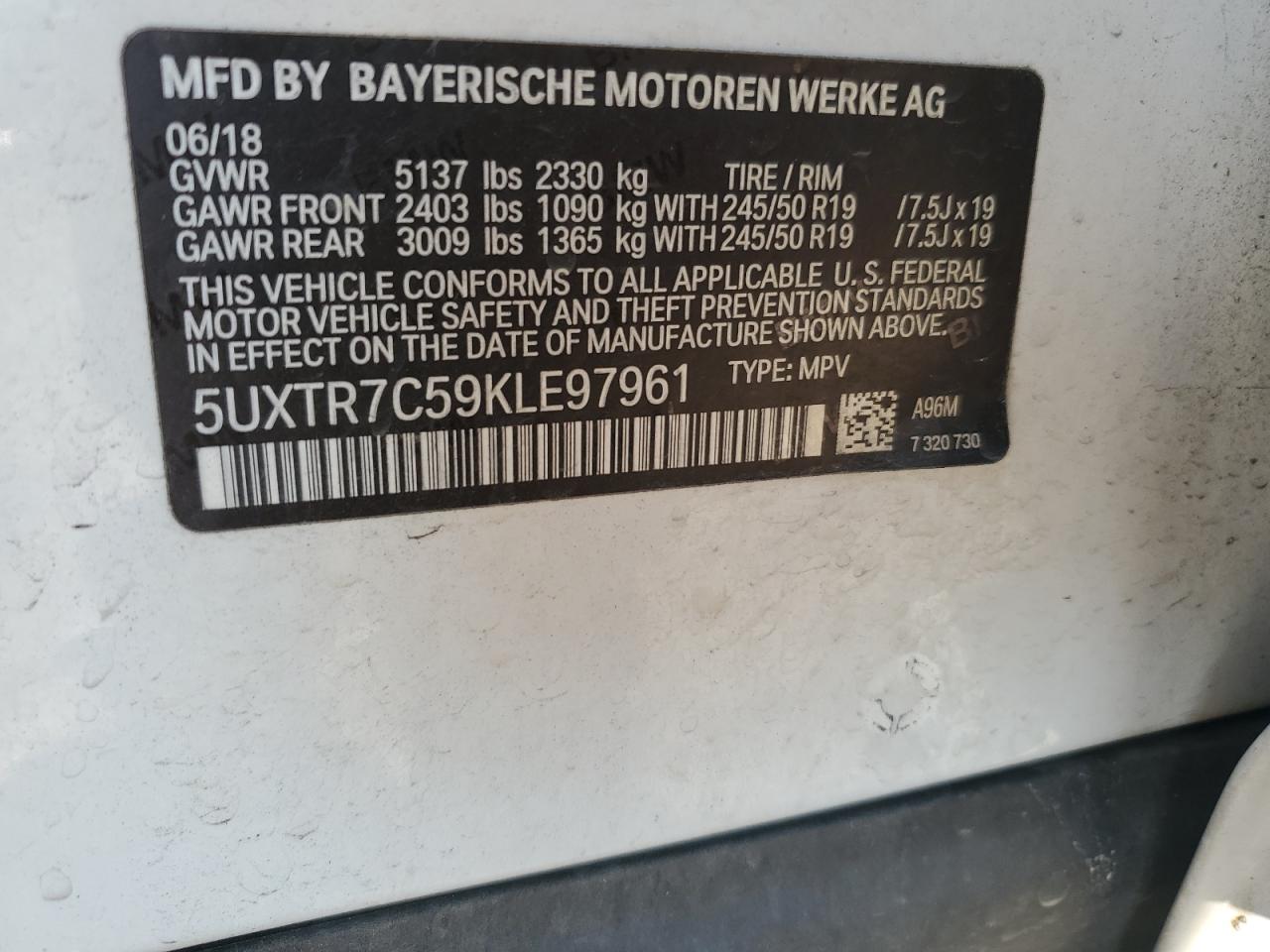 5UXTR7C59KLE97961 2019 BMW X3 Sdrive30I