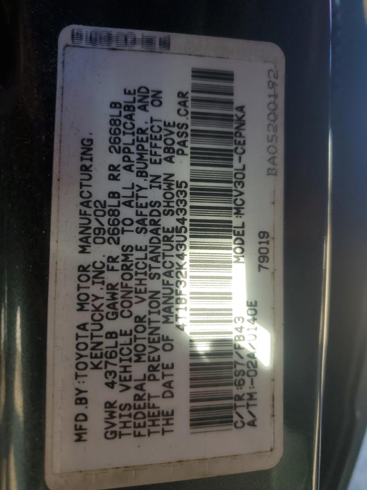 2003 Toyota Camry Le VIN: 4T1BF32K43U543335 Lot: 76260224