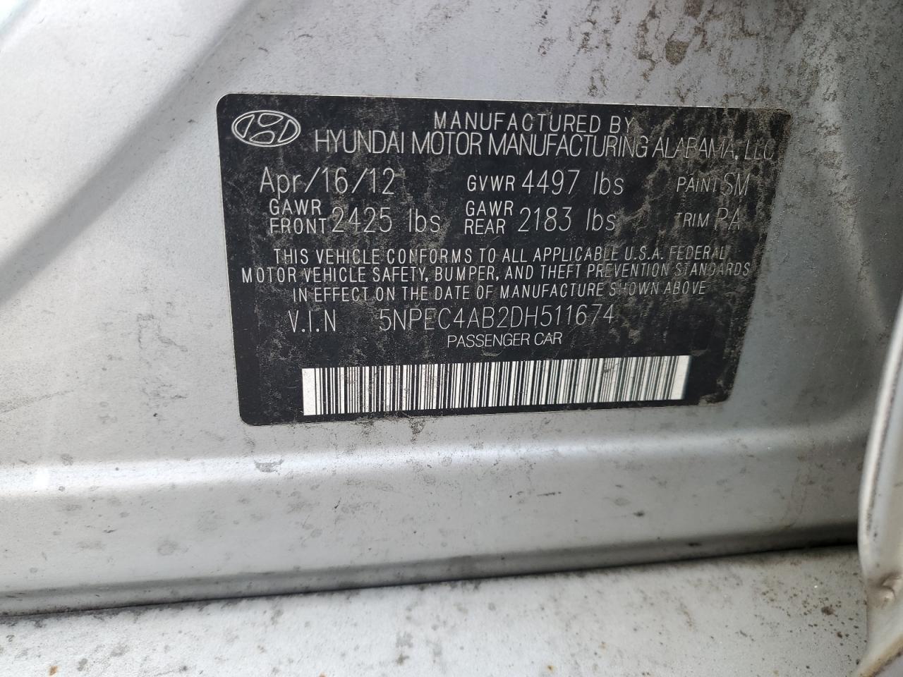 VIN 5NPEC4AB2DH511674 2013 HYUNDAI SONATA no.12