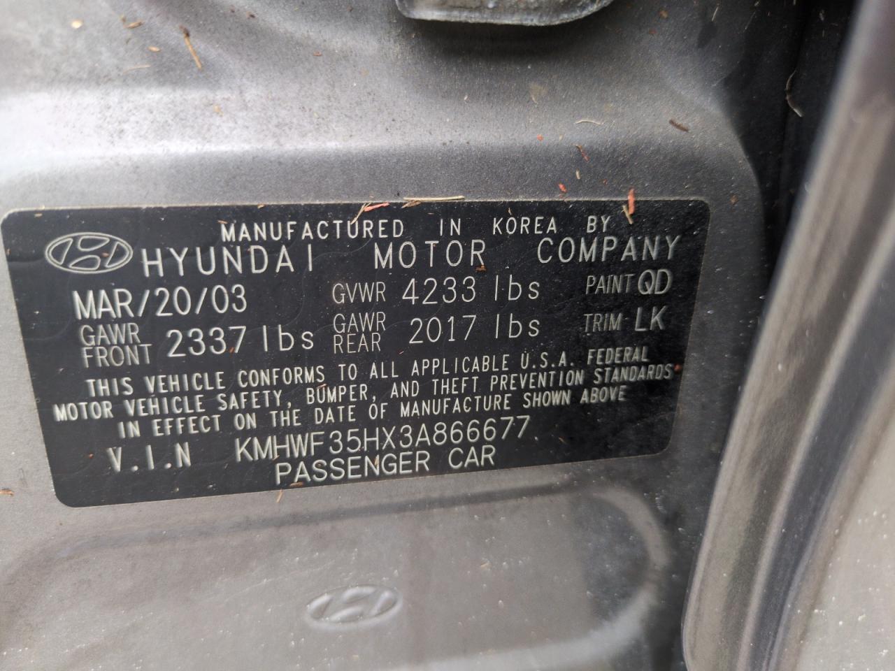 KMHWF35HX3A866677 2003 Hyundai Sonata Gls