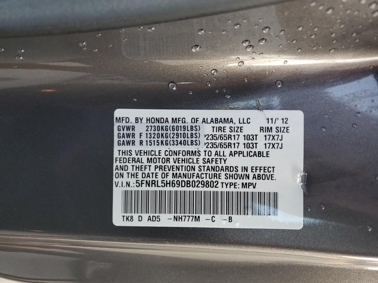 5FNRL5H69DB029802 2013 Honda Odyssey Exl