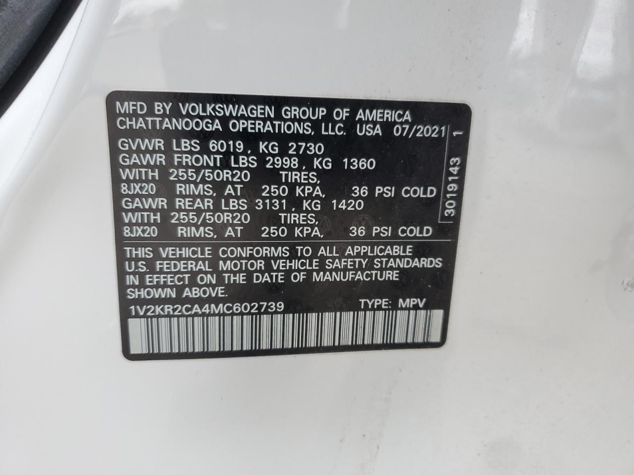 2021 Volkswagen Atlas Se VIN: 1V2KR2CA4MC602739 Lot: 75994774