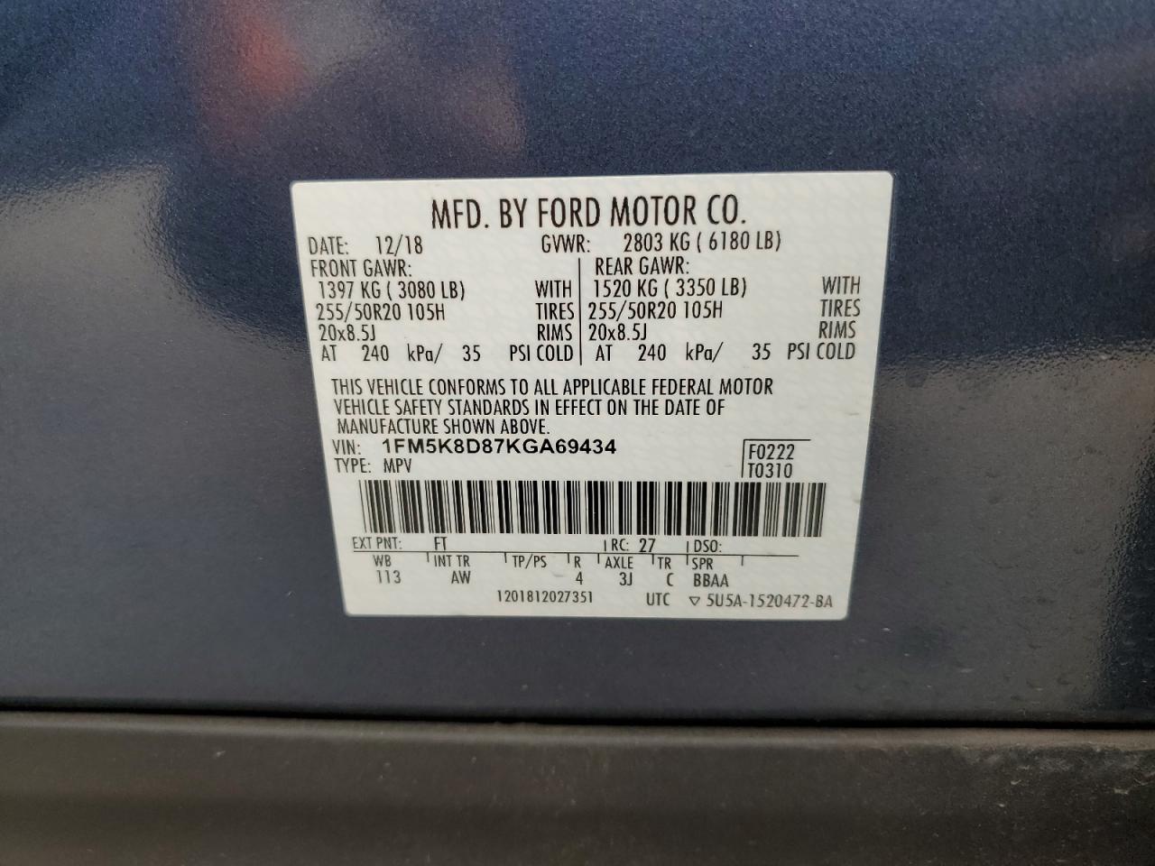 2019 Ford Explorer Xlt VIN: 1FM5K8D87KGA69434 Lot: 77810244