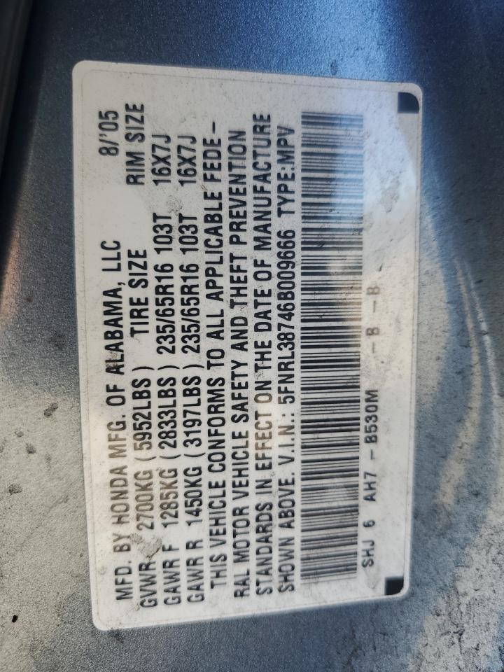 2006 Honda Odyssey Exl VIN: 5FNRL38746B009666 Lot: 74984624