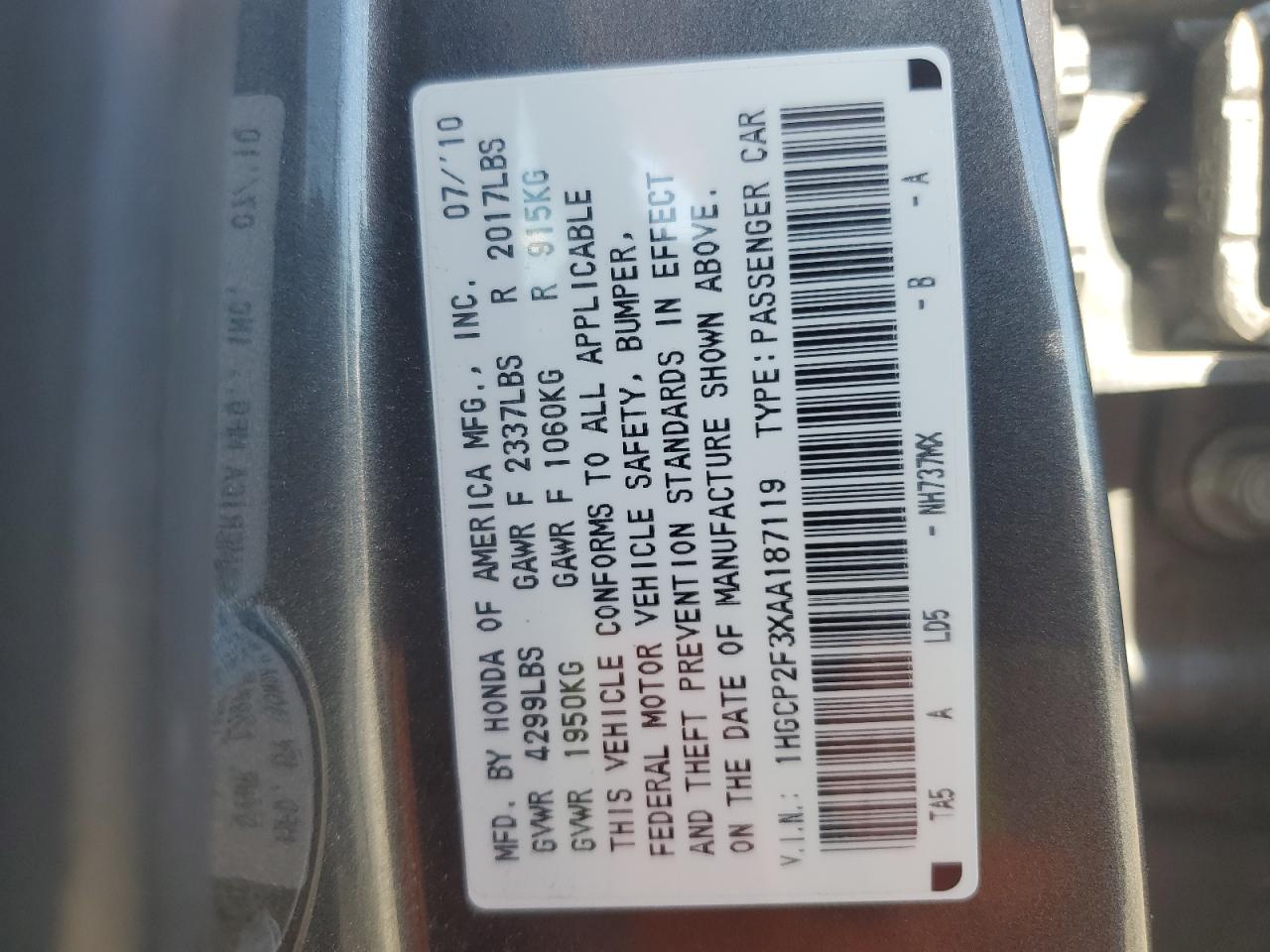 2010 Honda Accord Lx VIN: 1HGCP2F3XAA187119 Lot: 78284744