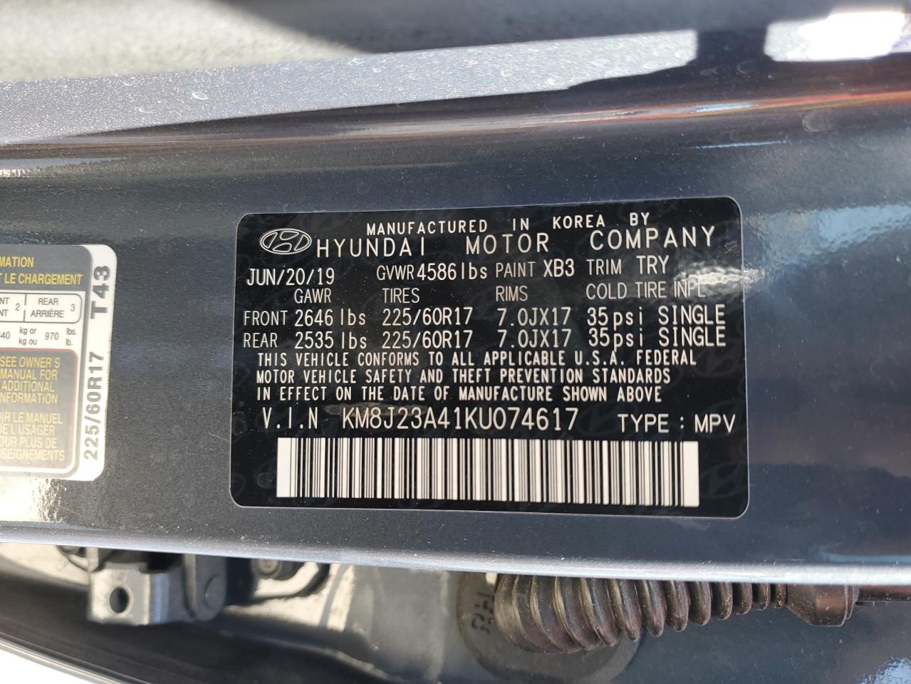 KM8J23A41KU074617 2019 Hyundai Tucson Se