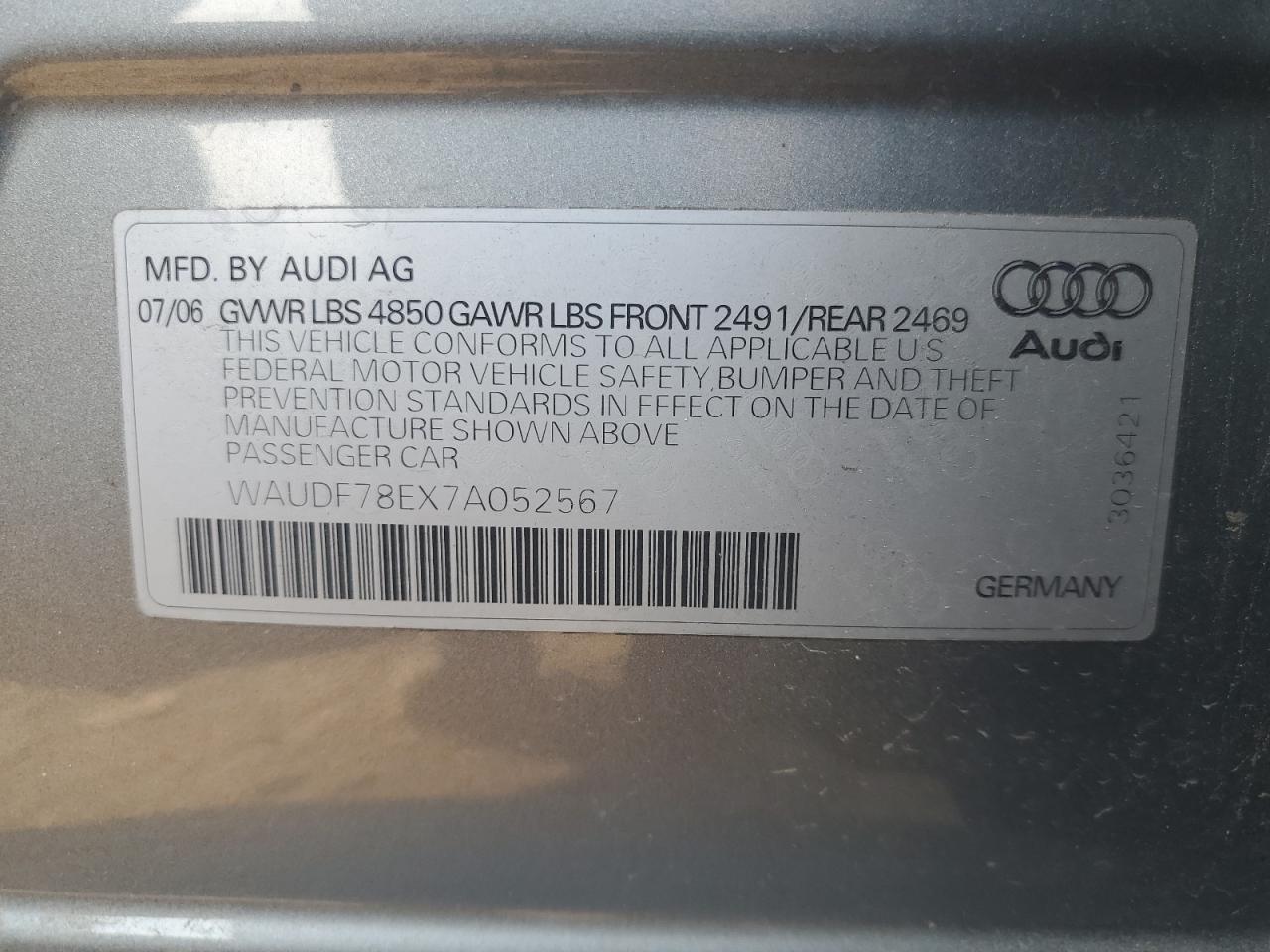 2007 Audi A4 2.0T Quattro VIN: WAUDF78EX7A052567 Lot: 73373924