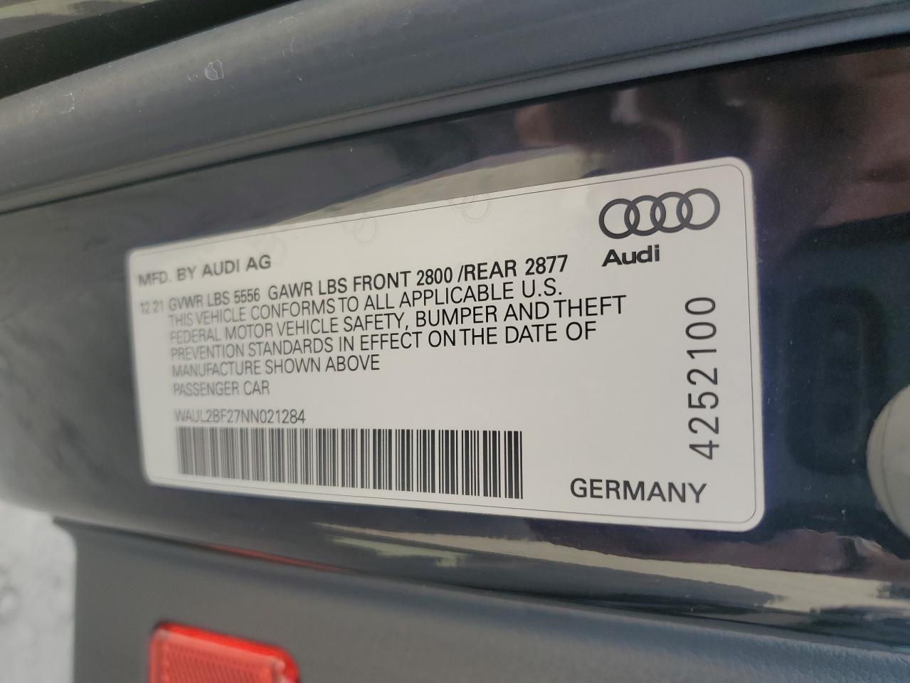 2022 Audi A6 Premium Plus VIN: WAUL2BF27NN021284 Lot: 77096474