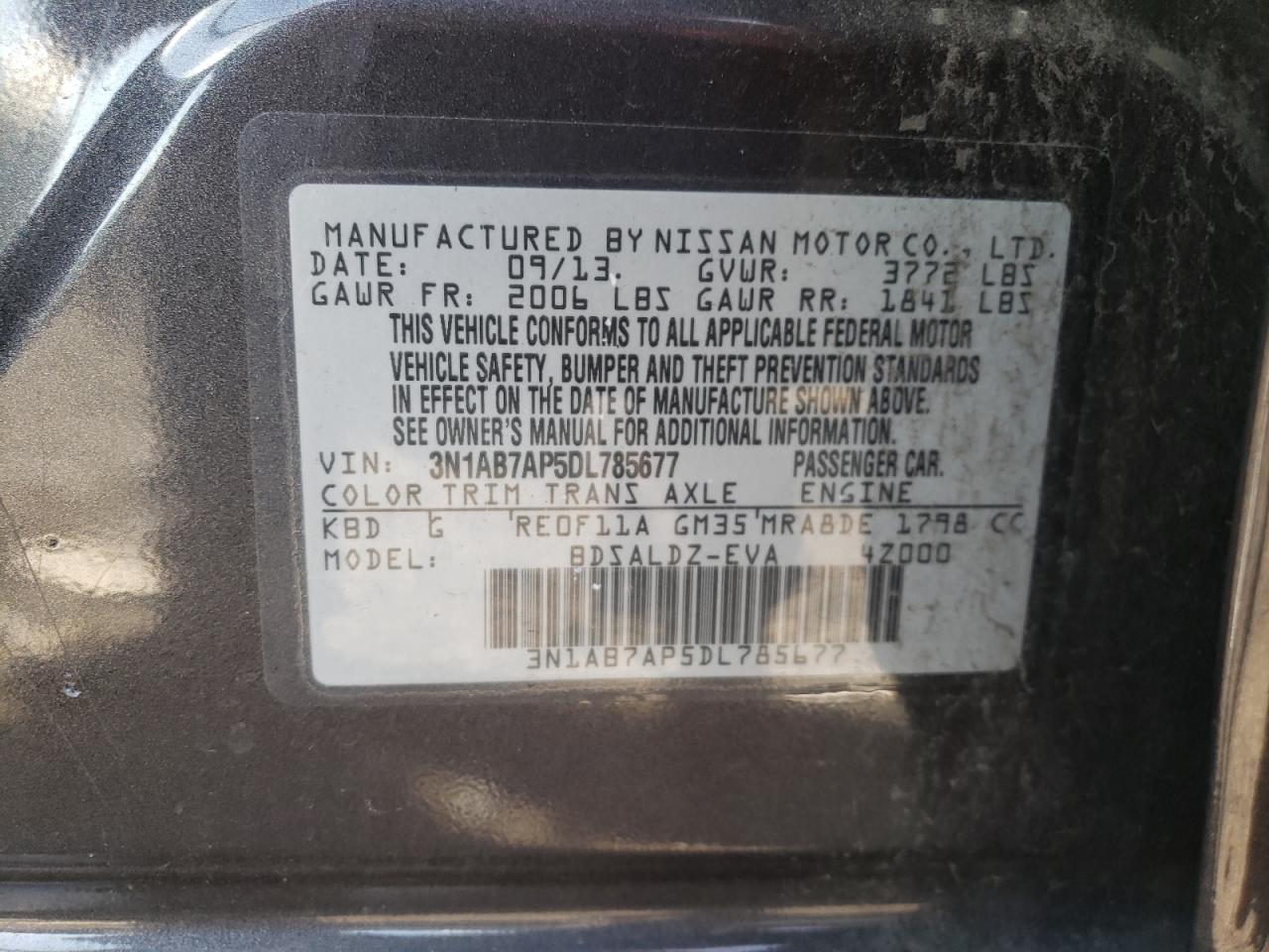 2013 Nissan Sentra S VIN: 3N1AB7AP5DL785677 Lot: 75315144