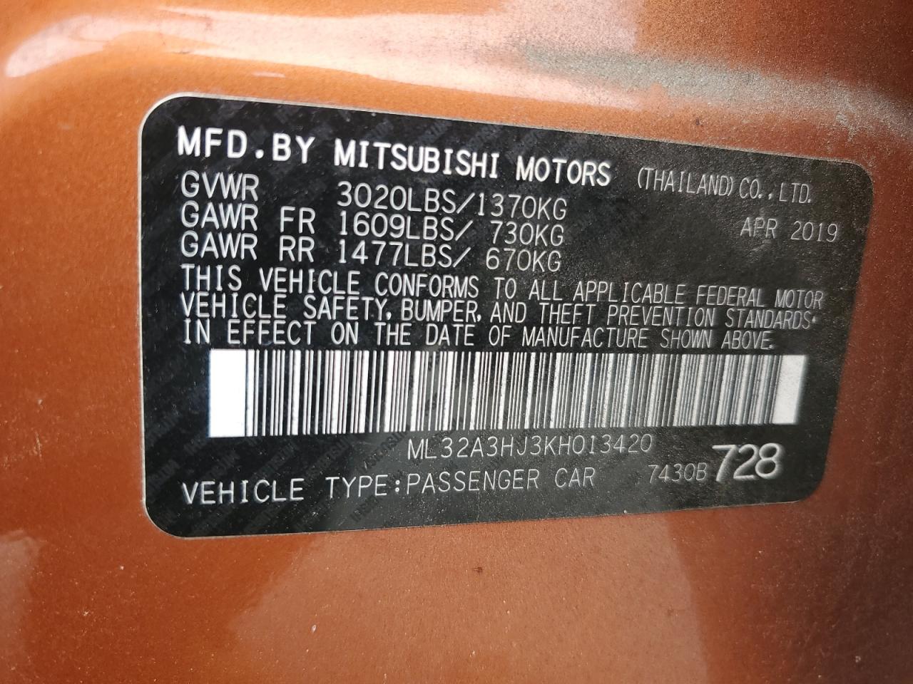 2019 Mitsubishi Mirage Es VIN: ML32A3HJ3KH013420 Lot: 73356334