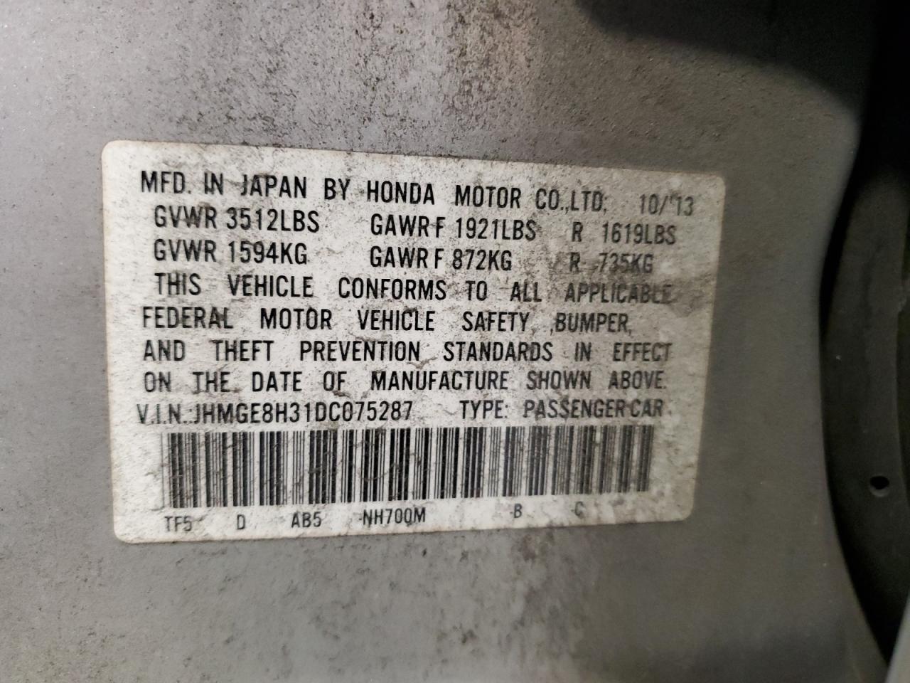 JHMGE8H31DC075287 2013 Honda Fit